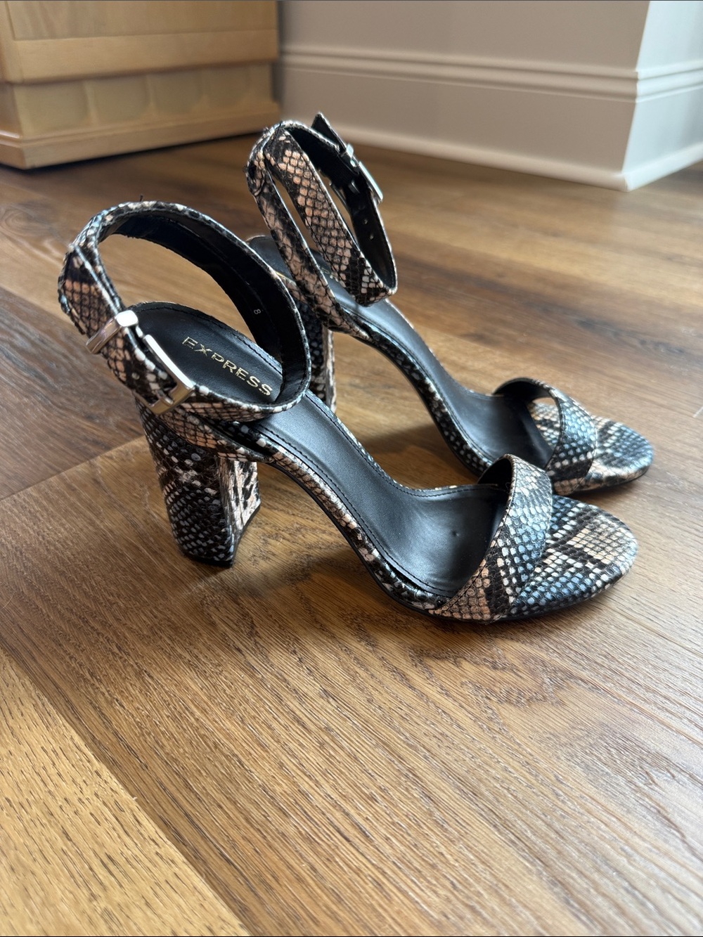 Express sandals Snake-Print Ankle-Strap Block Heels in Black and Tan